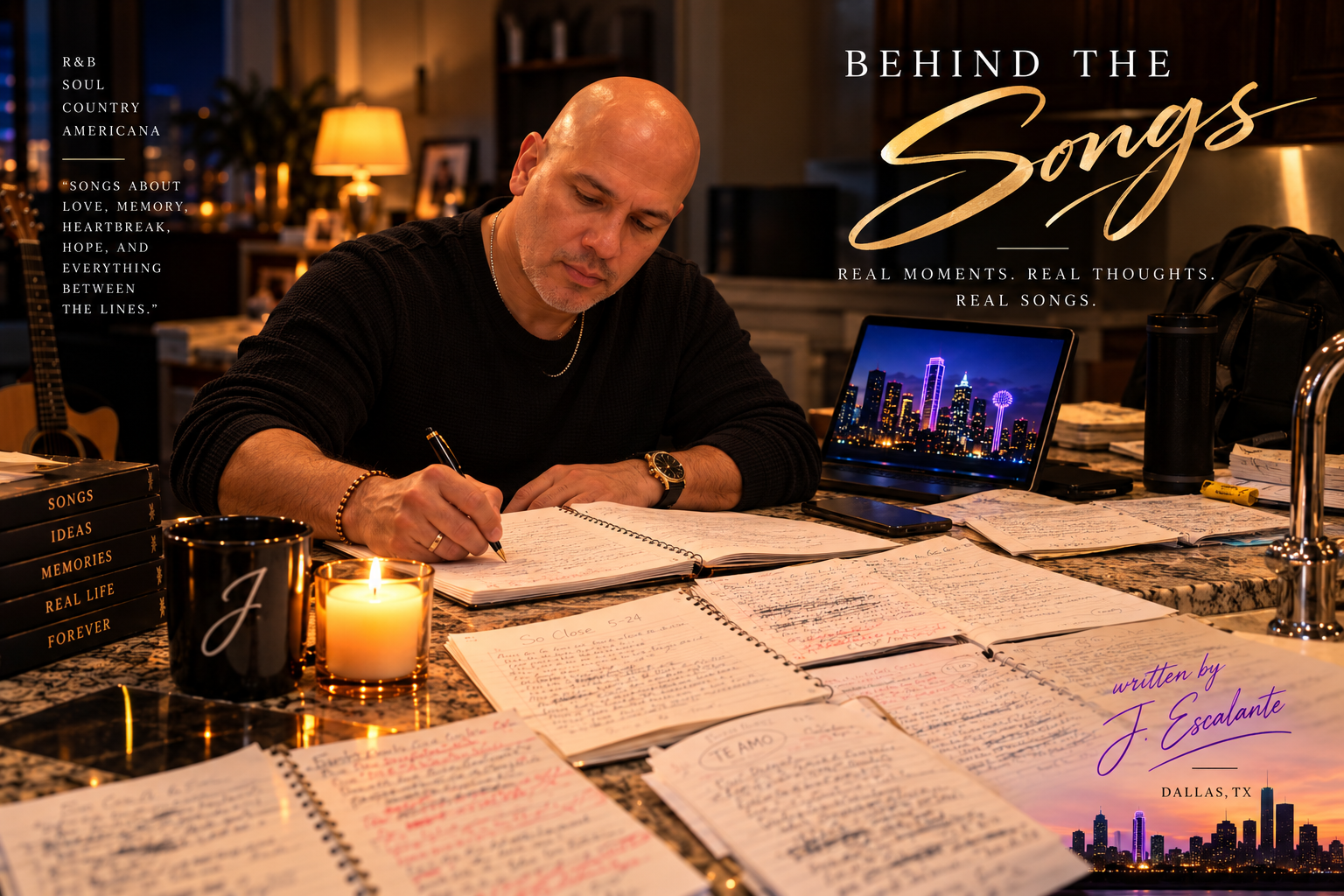 J. Escalante writing songs at his notebook