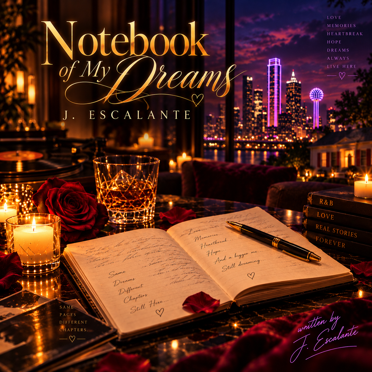 Detail of handwritten notebook pages and a pen from the supplied Notebook of My Dreams artwork